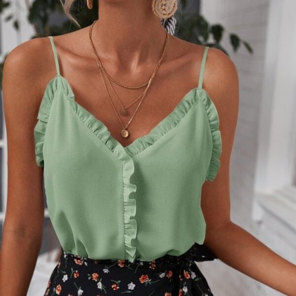 undefined Tops - Boho Green frill trim V neck cami top